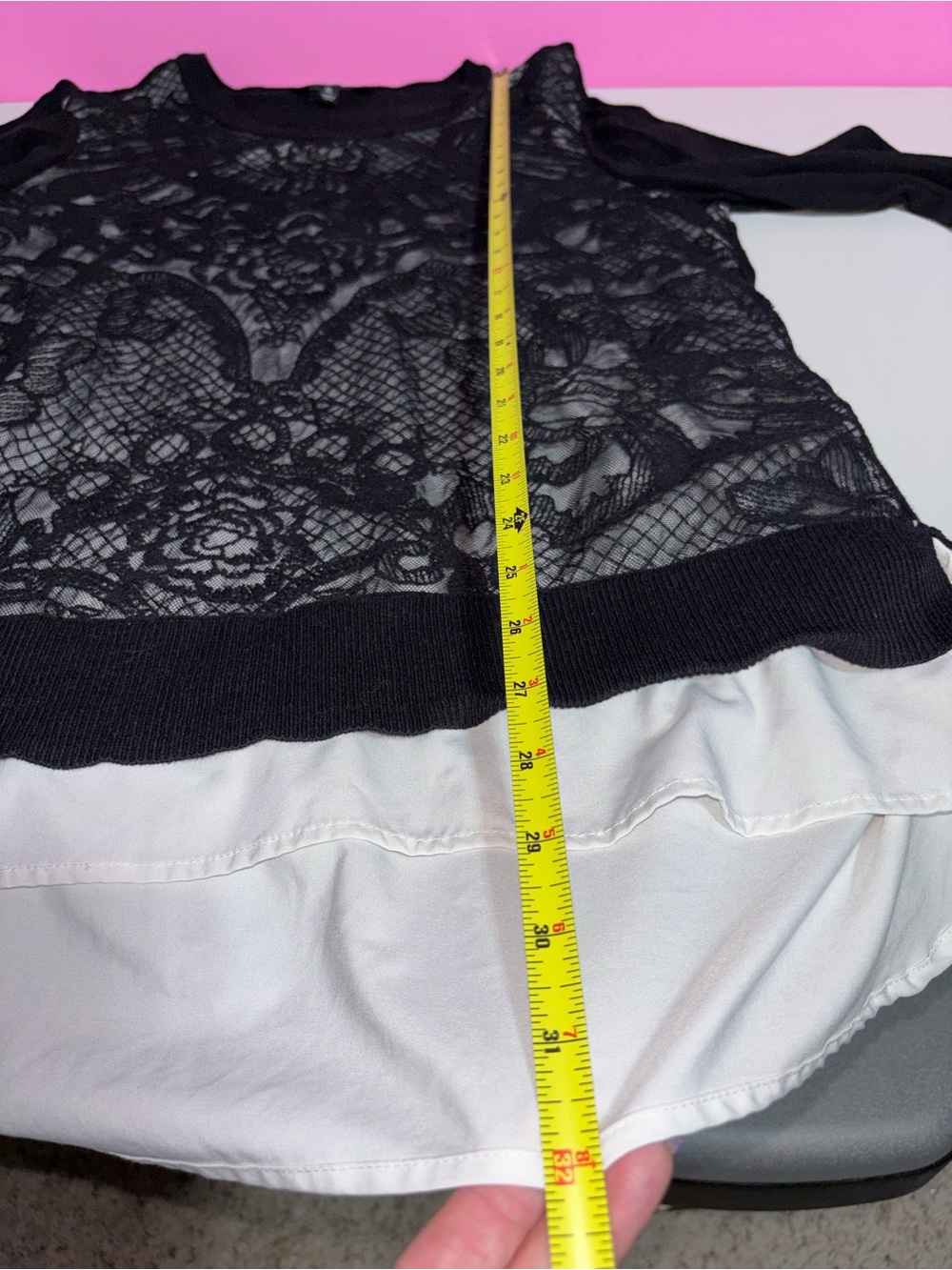 Simply Vera Vera Wang Black Lace-Overlay Crewneck Sweater with White Hem - Picture 7 of 8